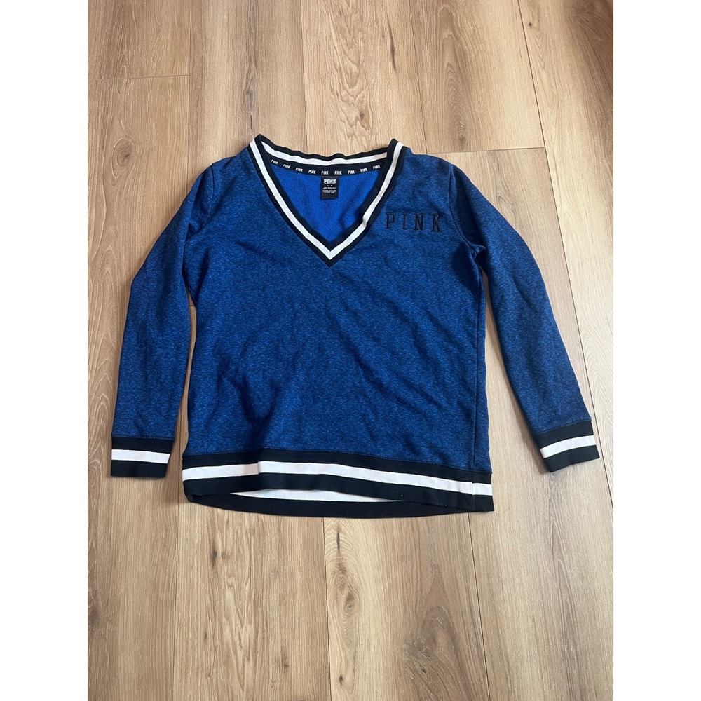 PINK Victoria's Secret Womens Large Blue V Neck Sweatshirt Varsity Striped
